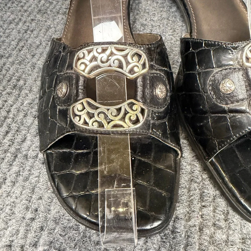 Vintage Brighton Lady Slide Sandals Womens 9 M Black Croc Leather Italy Ornate